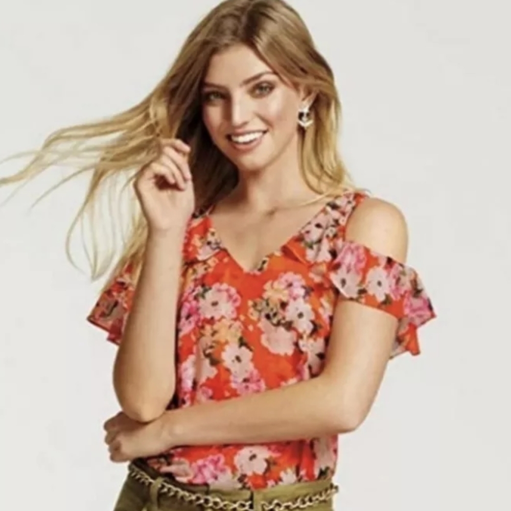 Cabi Sleeveless Blouse Shirt Floral Orange Size M Chiffon Ruffle V-neck